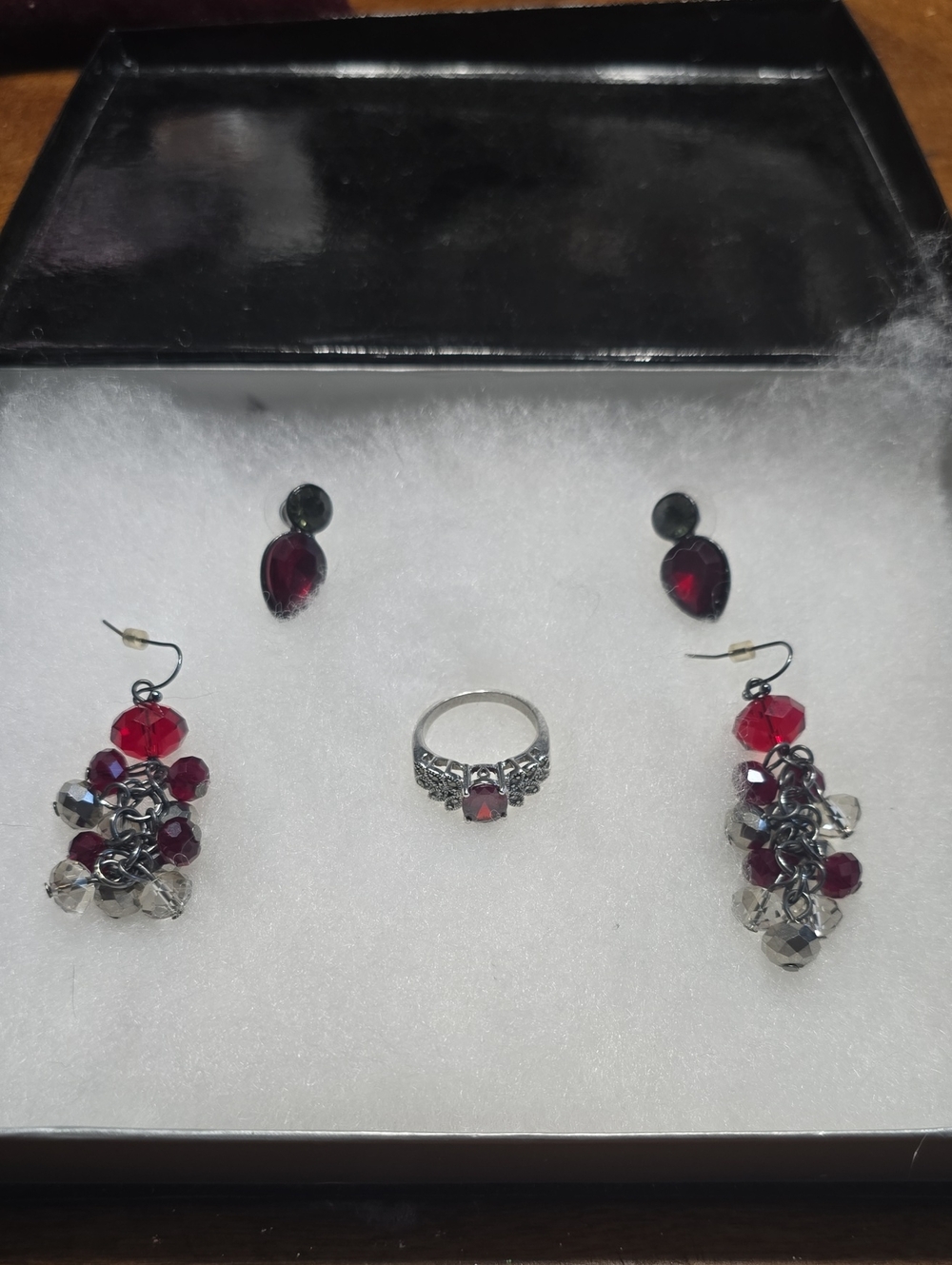 Red Crystal Cluster Earrings and Ring Set - Elegant Women's Jewelry Size 8